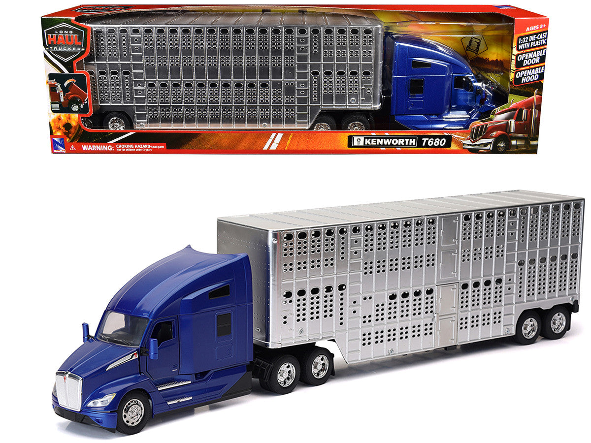 Kenworth T680 Truck Blue Metallic with Livestock Trailer