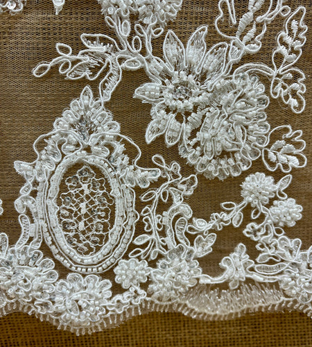 Beaded & Corded Bridal Lace Fabric Embroidered on 100% Polyester Net Mesh | Lace USA - 96788W-HB
