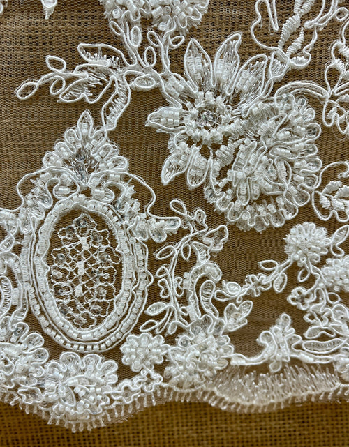 Load image into Gallery viewer, Beaded &amp; Corded Bridal Lace Fabric Embroidered on 100% Polyester Net Mesh | Lace USA - 96788W-HB
