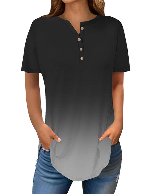 Load image into Gallery viewer, Henley Shirts for Women Buttons Round Neck Boho T-Shirts Short Sleeve Fancy Floral Print Tunic Tops Summer Loose Tees
