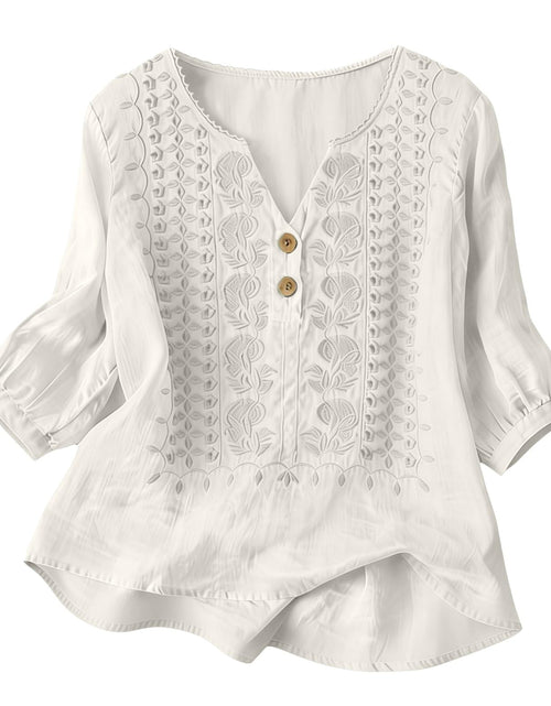 Load image into Gallery viewer, Embroidered Linen Shirts for Women 3/4 Sleeve Gauze V Neck Blouses Tops Casual Spring Summer Boho Cotton Clothes
