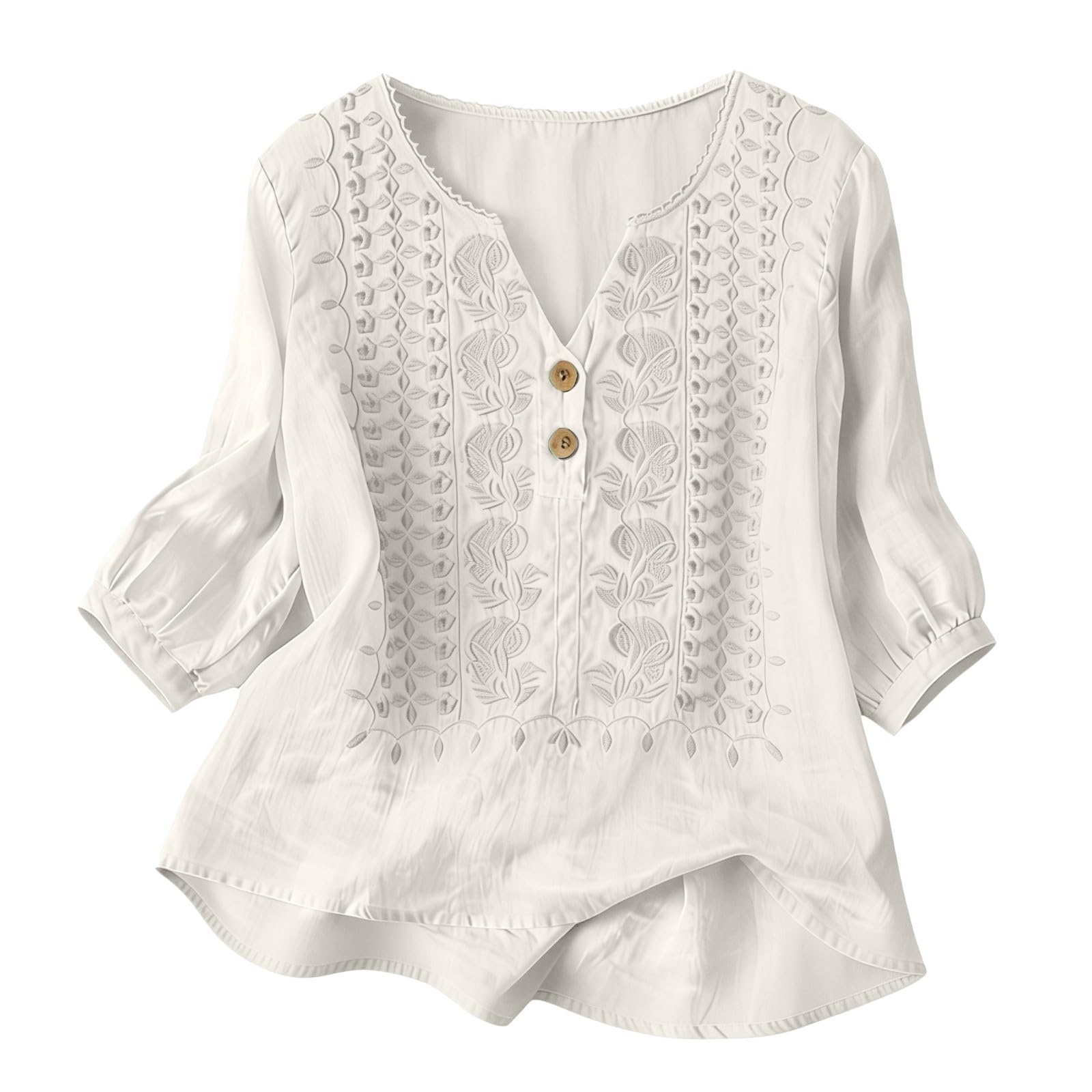 Embroidered Linen Shirts for Women 3/4 Sleeve Gauze V Neck Blouses Tops Casual Spring Summer Boho Cotton Clothes