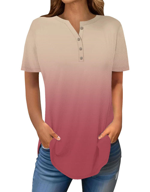 Load image into Gallery viewer, Henley Shirts for Women Buttons Round Neck Boho T-Shirts Short Sleeve Fancy Floral Print Tunic Tops Summer Loose Tees
