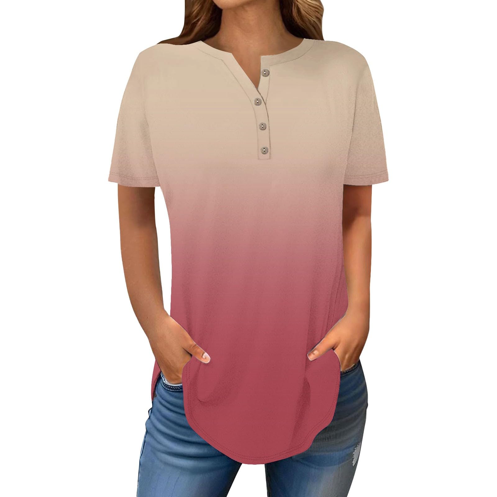 Henley Shirts for Women Buttons Round Neck Boho T-Shirts Short Sleeve Fancy Floral Print Tunic Tops Summer Loose Tees