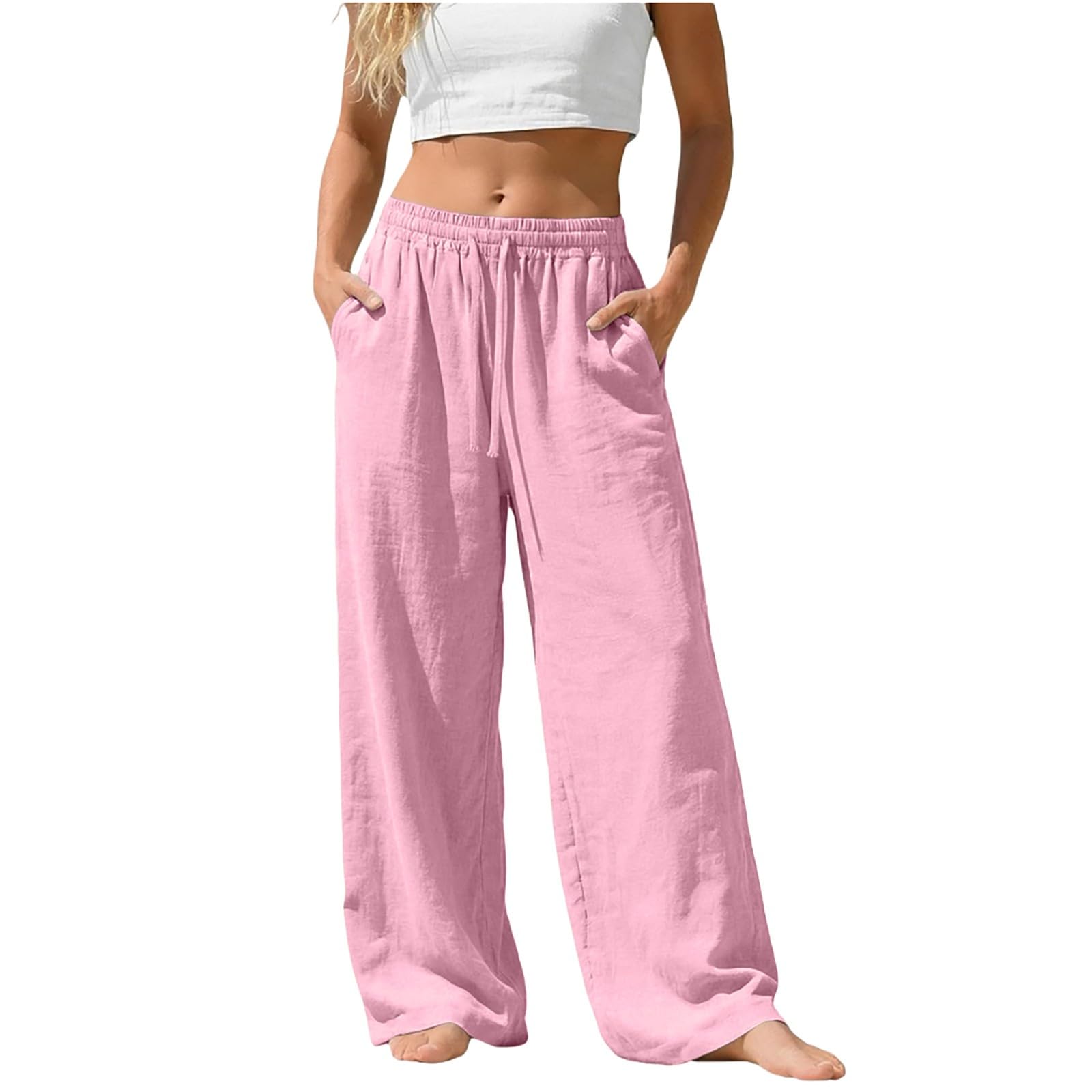 Linen Pants for Women - Wide Leg Elastic High Waist Casual Cotton Linen Pants Drawstring Plus Size Loose Trouser
