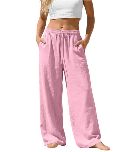 Linen Pants for Women - Wide Leg Elastic High Waist Casual Cotton Linen Pants Drawstring Plus Size Loose Trouser