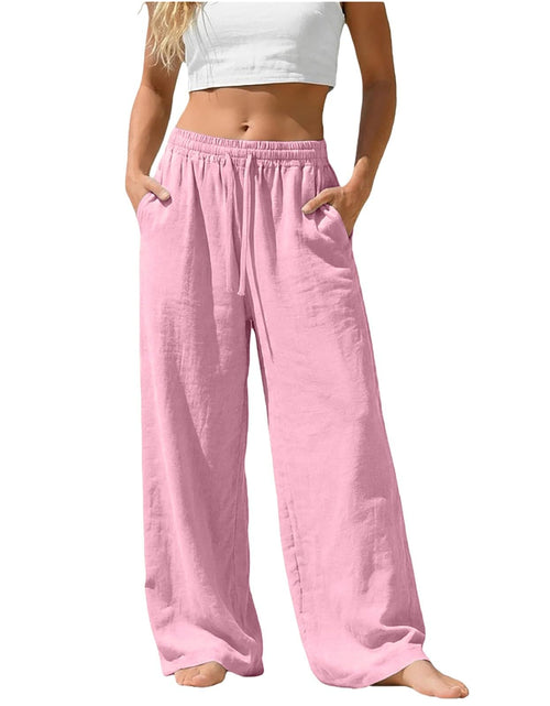 Load image into Gallery viewer, Linen Pants for Women - Wide Leg Elastic High Waist Casual Cotton Linen Pants Drawstring Plus Size Loose Trouser
