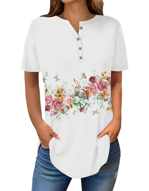 Load image into Gallery viewer, Henley Shirts for Women Buttons Round Neck Boho T-Shirts Short Sleeve Fancy Floral Print Tunic Tops Summer Loose Tees

