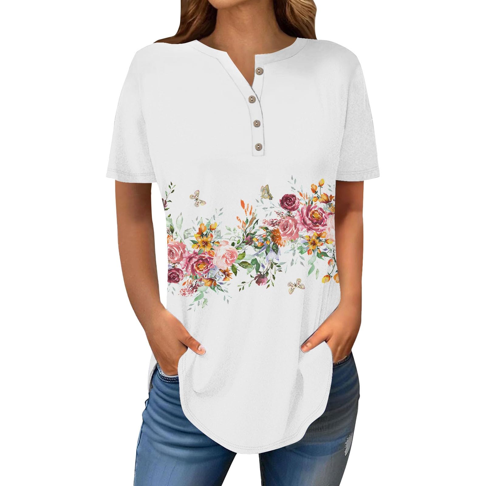 Henley Shirts for Women Buttons Round Neck Boho T-Shirts Short Sleeve Fancy Floral Print Tunic Tops Summer Loose Tees