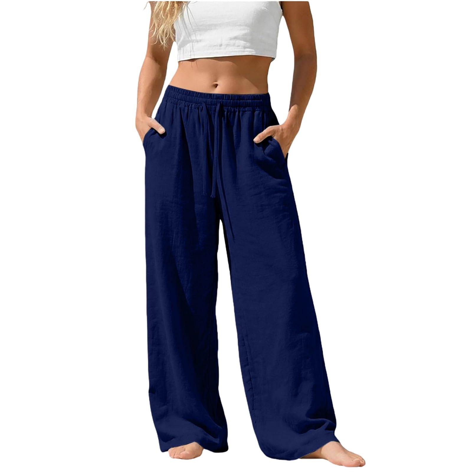 Linen Pants for Women - Wide Leg Elastic High Waist Casual Cotton Linen Pants Drawstring Plus Size Loose Trouser