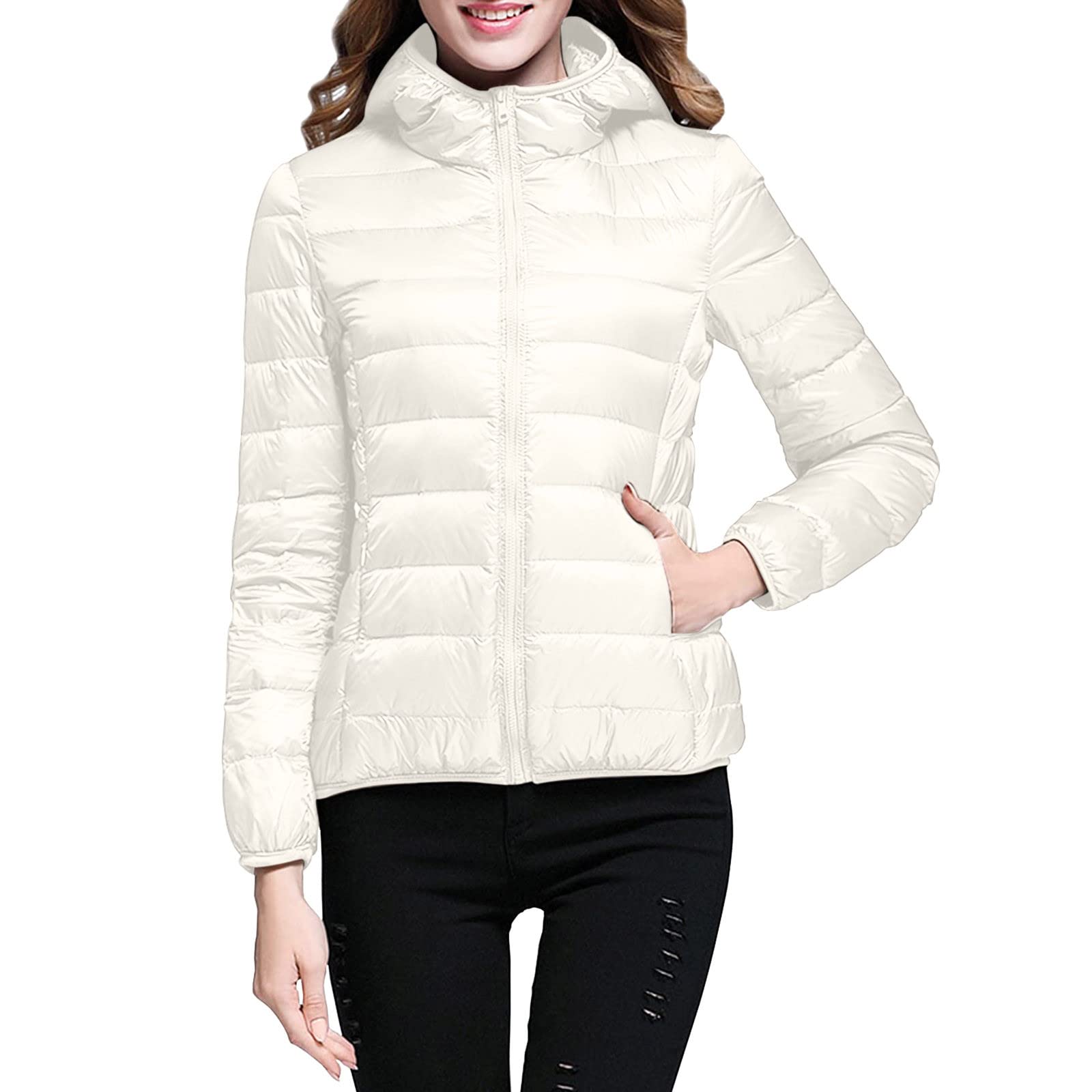 Lightweight Jacket for Women Short Button Down Hooded Jackets Trendy Slim Fit Bubble Coat Winter Warm Puffer Outwear
