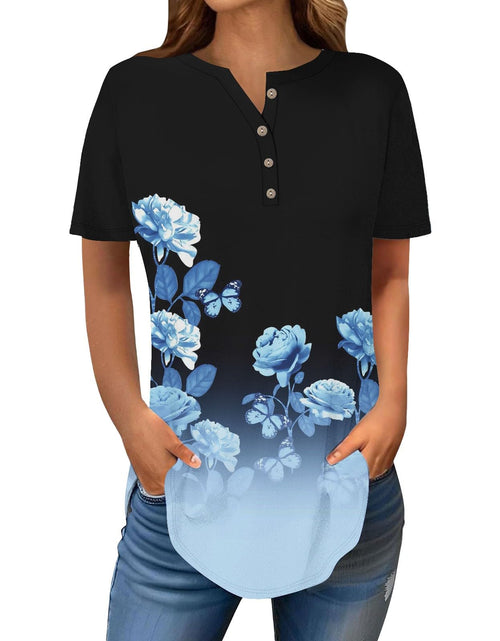 Load image into Gallery viewer, Henley Shirts for Women Buttons Round Neck Boho T-Shirts Short Sleeve Fancy Floral Print Tunic Tops Summer Loose Tees
