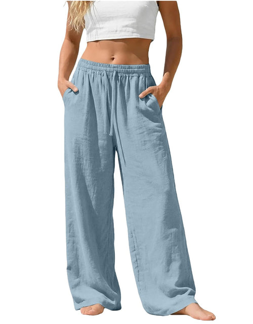 Load image into Gallery viewer, Linen Pants for Women - Wide Leg Elastic High Waist Casual Cotton Linen Pants Drawstring Plus Size Loose Trouser
