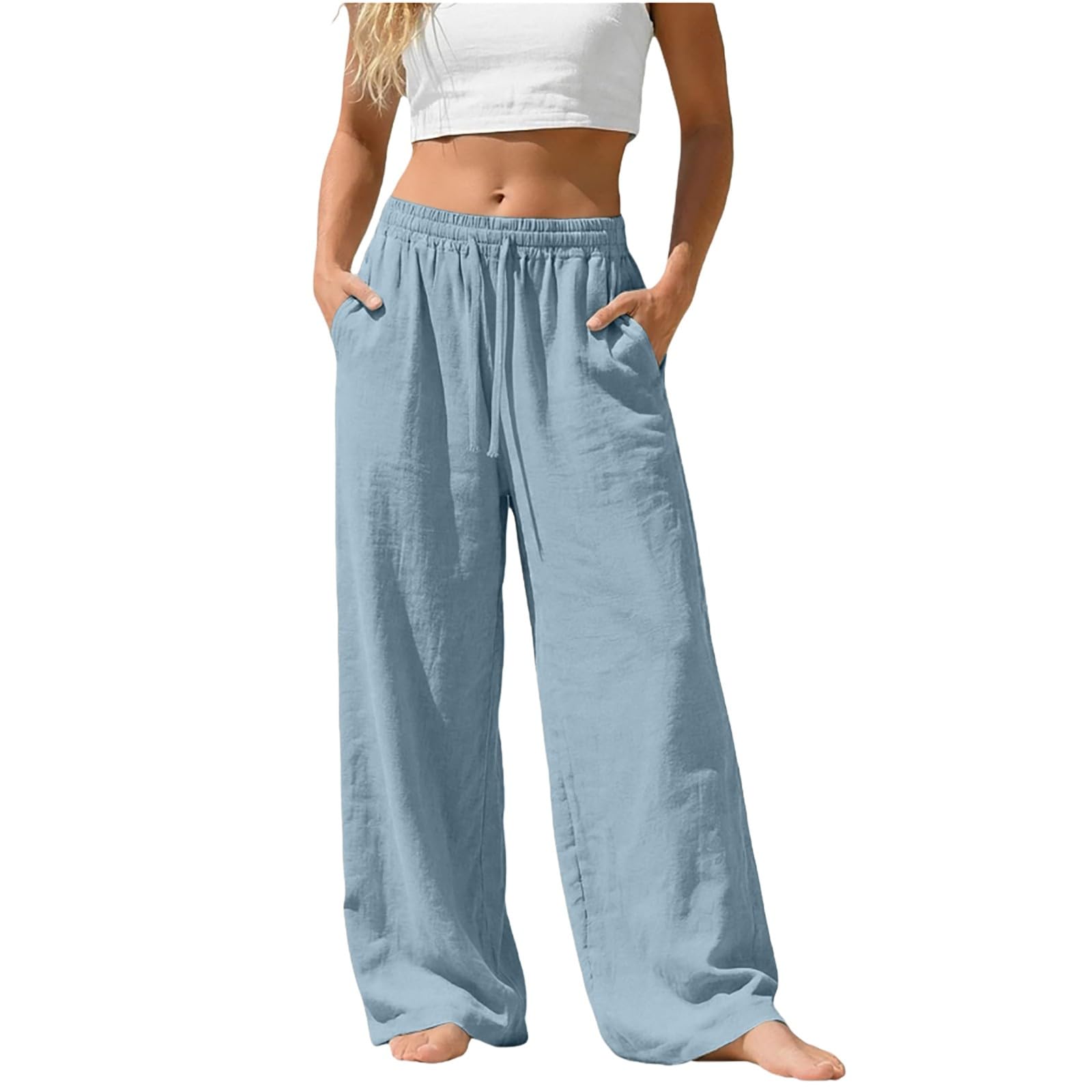 Linen Pants for Women - Wide Leg Elastic High Waist Casual Cotton Linen Pants Drawstring Plus Size Loose Trouser