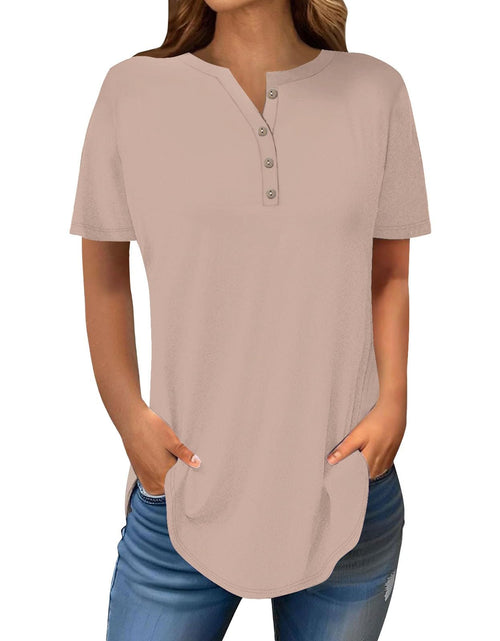 Load image into Gallery viewer, Henley Shirts for Women Buttons Round Neck Boho T-Shirts Short Sleeve Fancy Floral Print Tunic Tops Summer Loose Tees
