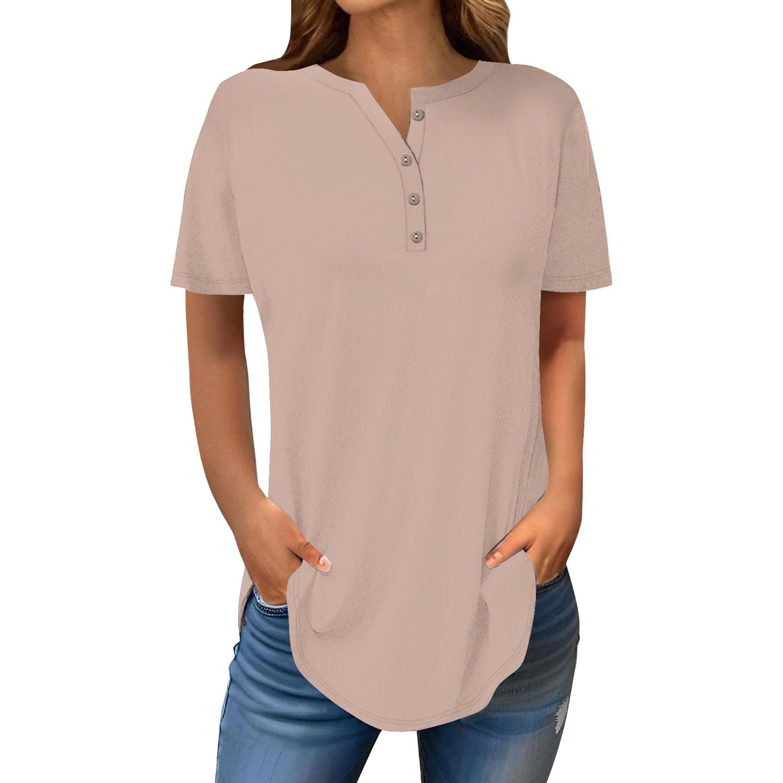 Henley Shirts for Women Buttons Round Neck Boho T-Shirts Short Sleeve Fancy Floral Print Tunic Tops Summer Loose Tees