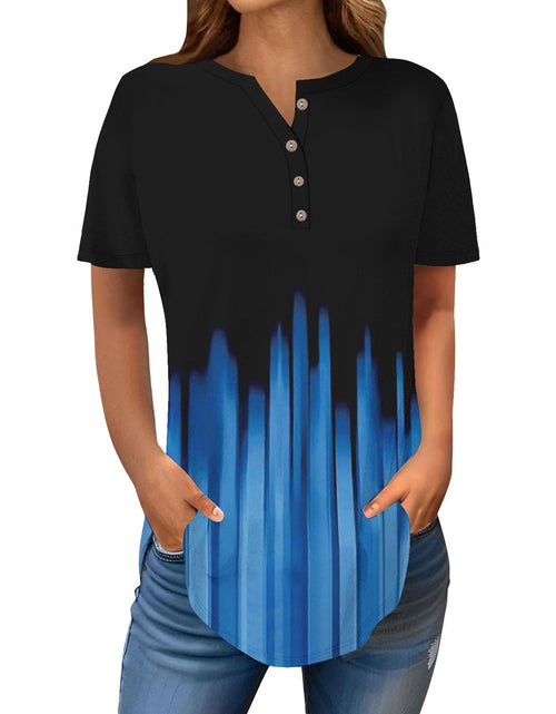 Load image into Gallery viewer, Henley Shirts for Women Buttons Round Neck Boho T-Shirts Short Sleeve Fancy Floral Print Tunic Tops Summer Loose Tees
