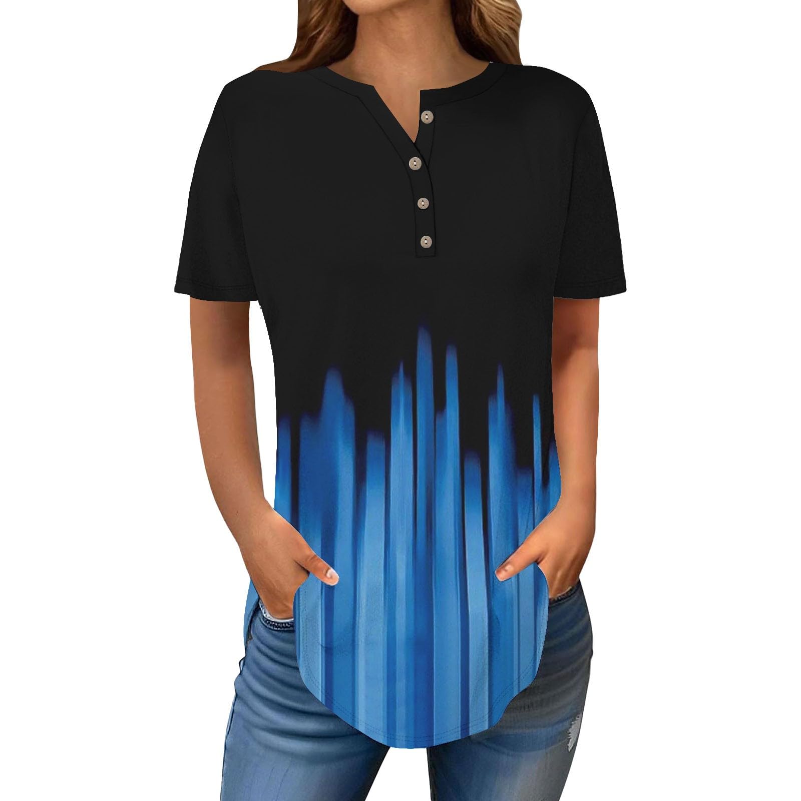 Henley Shirts for Women Buttons Round Neck Boho T-Shirts Short Sleeve Fancy Floral Print Tunic Tops Summer Loose Tees