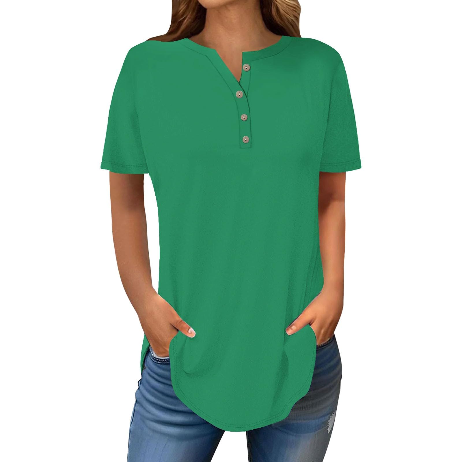Henley Shirts for Women Buttons Round Neck Boho T-Shirts Short Sleeve Fancy Floral Print Tunic Tops Summer Loose Tees
