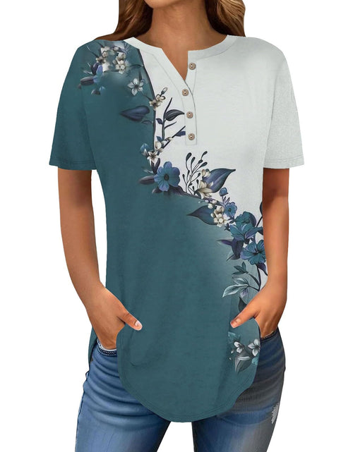 Load image into Gallery viewer, Henley Shirts for Women Buttons Round Neck Boho T-Shirts Short Sleeve Fancy Floral Print Tunic Tops Summer Loose Tees
