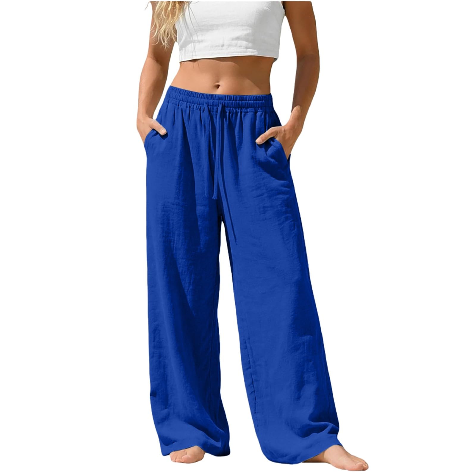Linen Pants for Women - Wide Leg Elastic High Waist Casual Cotton Linen Pants Drawstring Plus Size Loose Trouser