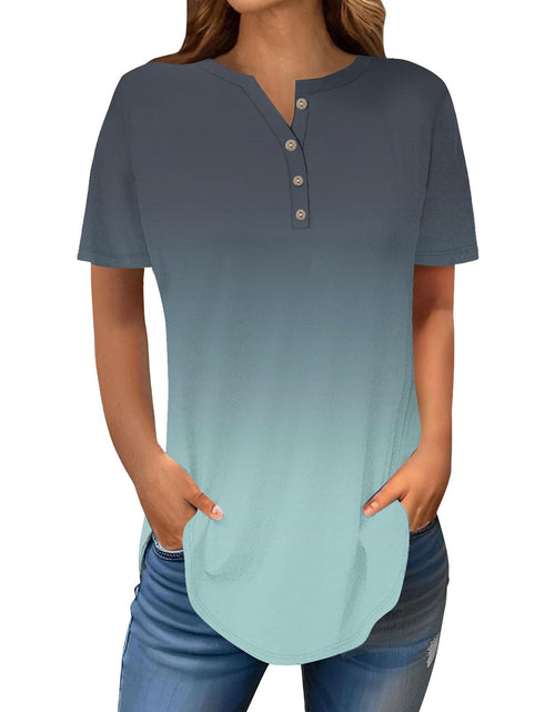 Load image into Gallery viewer, Henley Shirts for Women Buttons Round Neck Boho T-Shirts Short Sleeve Fancy Floral Print Tunic Tops Summer Loose Tees
