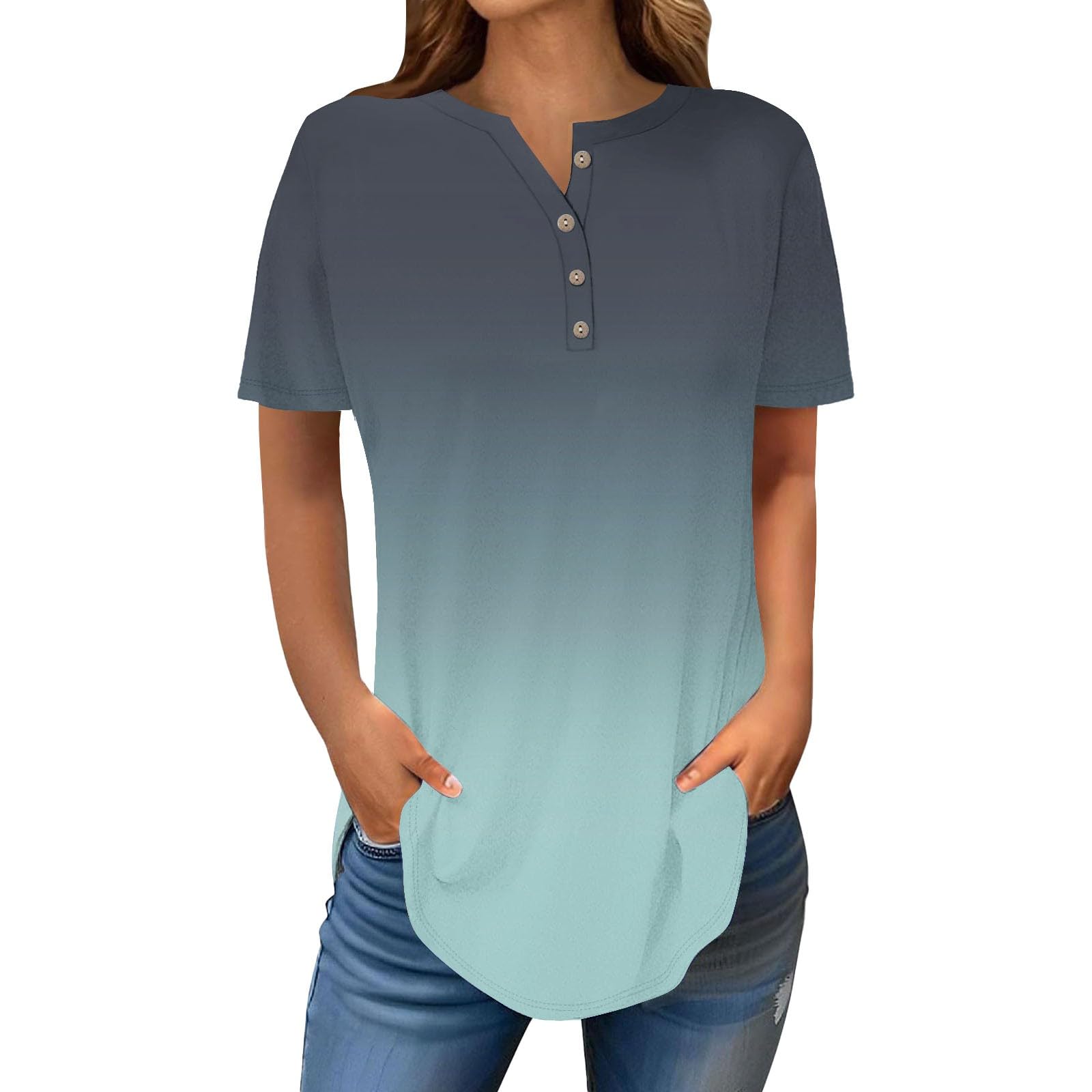 Henley Shirts for Women Buttons Round Neck Boho T-Shirts Short Sleeve Fancy Floral Print Tunic Tops Summer Loose Tees