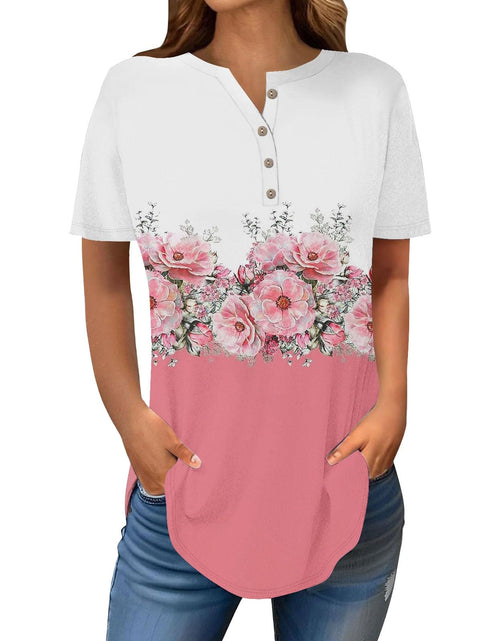 Load image into Gallery viewer, Henley Shirts for Women Buttons Round Neck Boho T-Shirts Short Sleeve Fancy Floral Print Tunic Tops Summer Loose Tees
