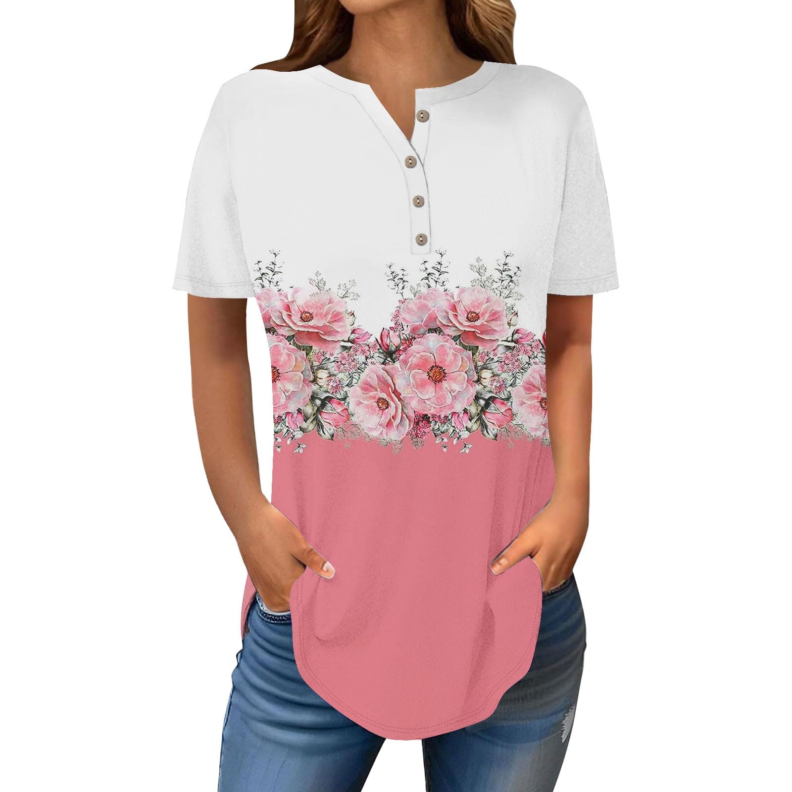 Henley Shirts for Women Buttons Round Neck Boho T-Shirts Short Sleeve Fancy Floral Print Tunic Tops Summer Loose Tees