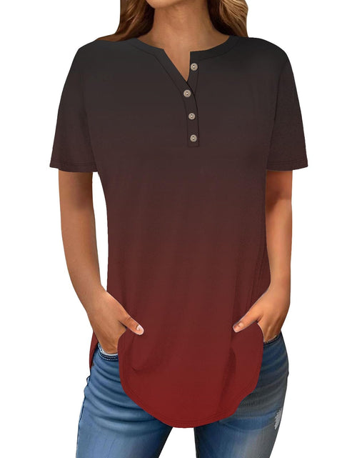 Load image into Gallery viewer, Henley Shirts for Women Buttons Round Neck Boho T-Shirts Short Sleeve Fancy Floral Print Tunic Tops Summer Loose Tees
