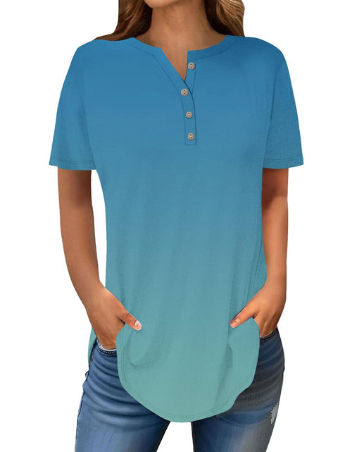 Load image into Gallery viewer, Henley Shirts for Women Buttons Round Neck Boho T-Shirts Short Sleeve Fancy Floral Print Tunic Tops Summer Loose Tees
