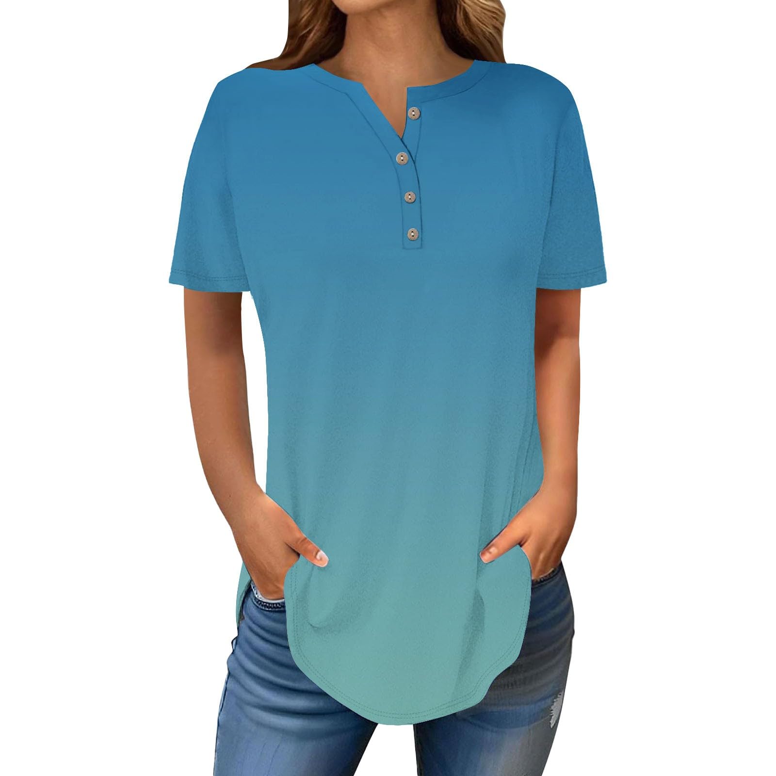 Henley Shirts for Women Buttons Round Neck Boho T-Shirts Short Sleeve Fancy Floral Print Tunic Tops Summer Loose Tees