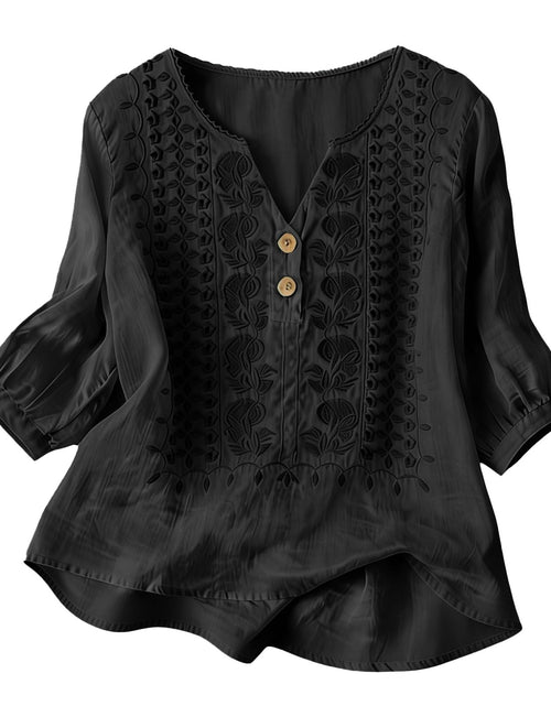 Load image into Gallery viewer, Embroidered Linen Shirts for Women 3/4 Sleeve Gauze V Neck Blouses Tops Casual Spring Summer Boho Cotton Clothes
