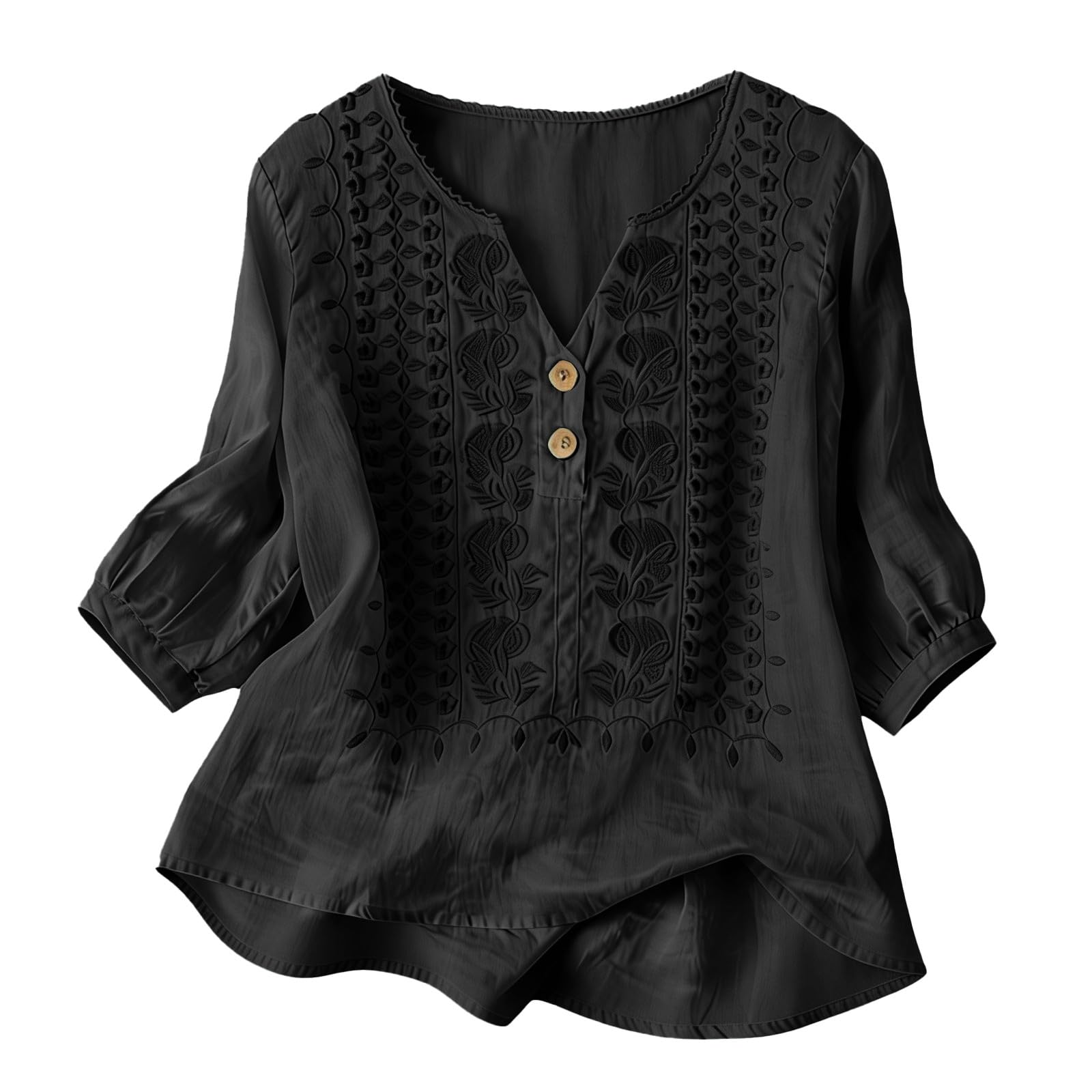 Embroidered Linen Shirts for Women 3/4 Sleeve Gauze V Neck Blouses Tops Casual Spring Summer Boho Cotton Clothes