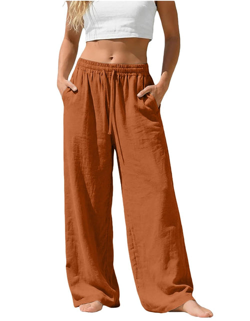 Load image into Gallery viewer, Linen Pants for Women - Wide Leg Elastic High Waist Casual Cotton Linen Pants Drawstring Plus Size Loose Trouser
