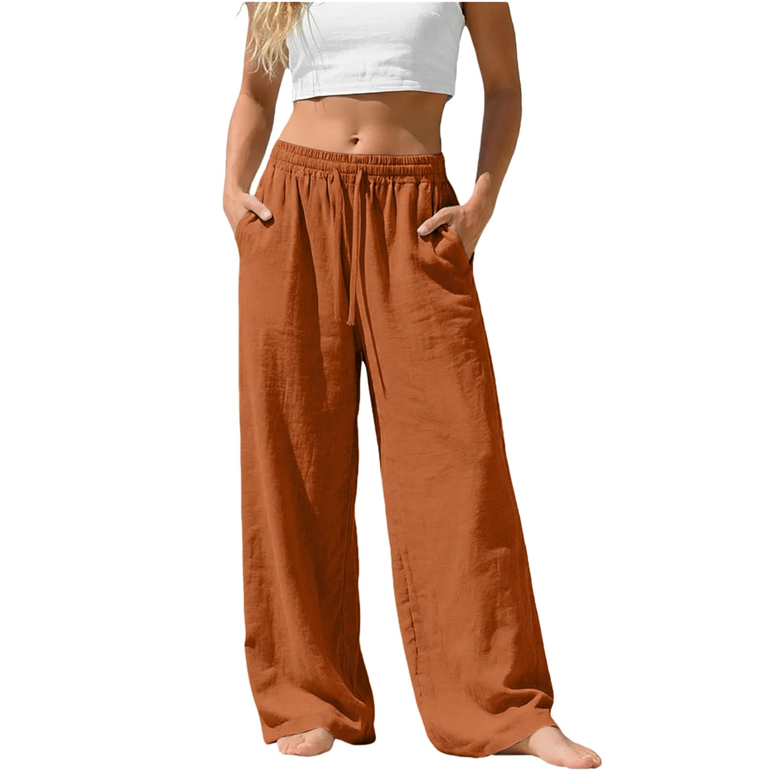 Linen Pants for Women - Wide Leg Elastic High Waist Casual Cotton Linen Pants Drawstring Plus Size Loose Trouser