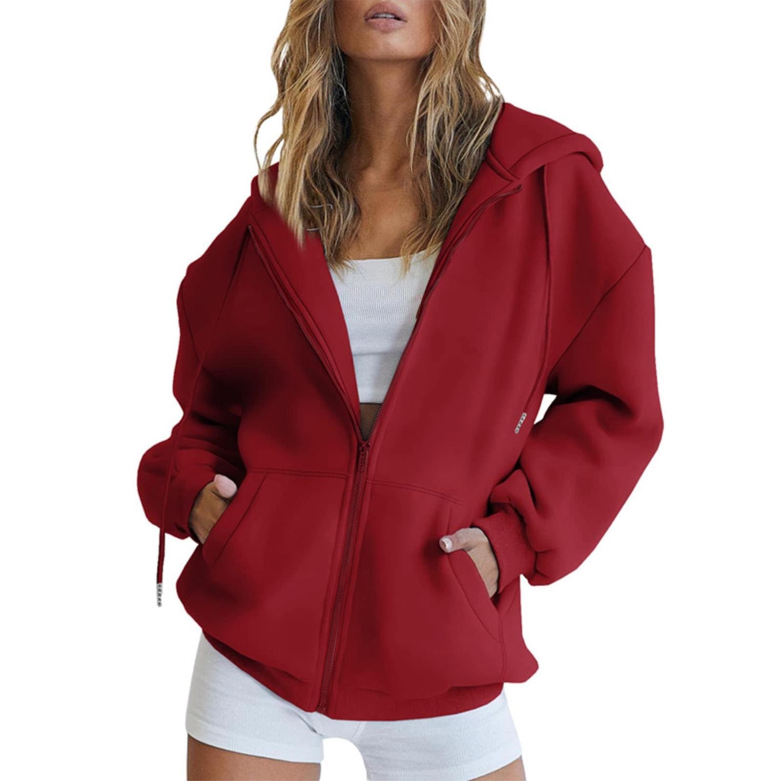 Full Zip Up Hoodie for Women Trendy 2024 Oversized Fleece Lightweight Sweatshirt Jacket Fall Preppy Teen Girls Outfit