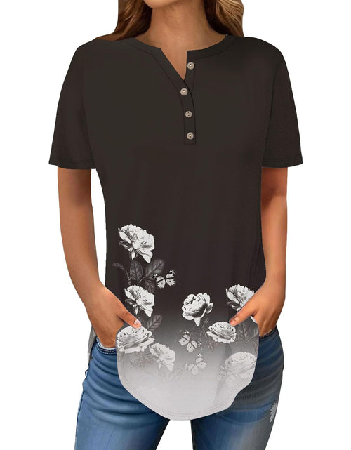 Load image into Gallery viewer, Henley Shirts for Women Buttons Round Neck Boho T-Shirts Short Sleeve Fancy Floral Print Tunic Tops Summer Loose Tees

