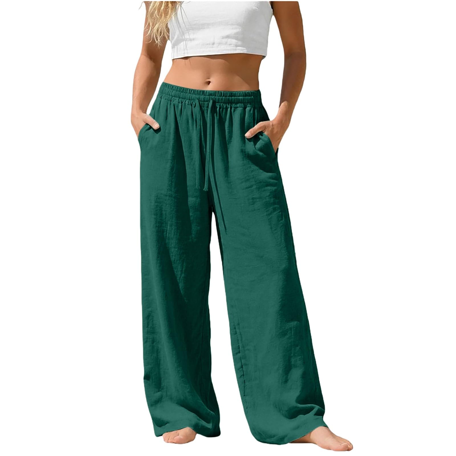 Linen Pants for Women - Wide Leg Elastic High Waist Casual Cotton Linen Pants Drawstring Plus Size Loose Trouser