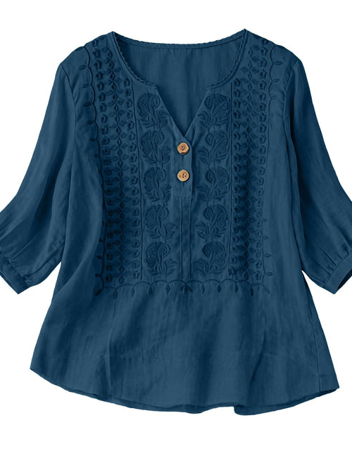 Load image into Gallery viewer, Embroidered Linen Shirts for Women 3/4 Sleeve Gauze V Neck Blouses Tops Casual Spring Summer Boho Cotton Clothes
