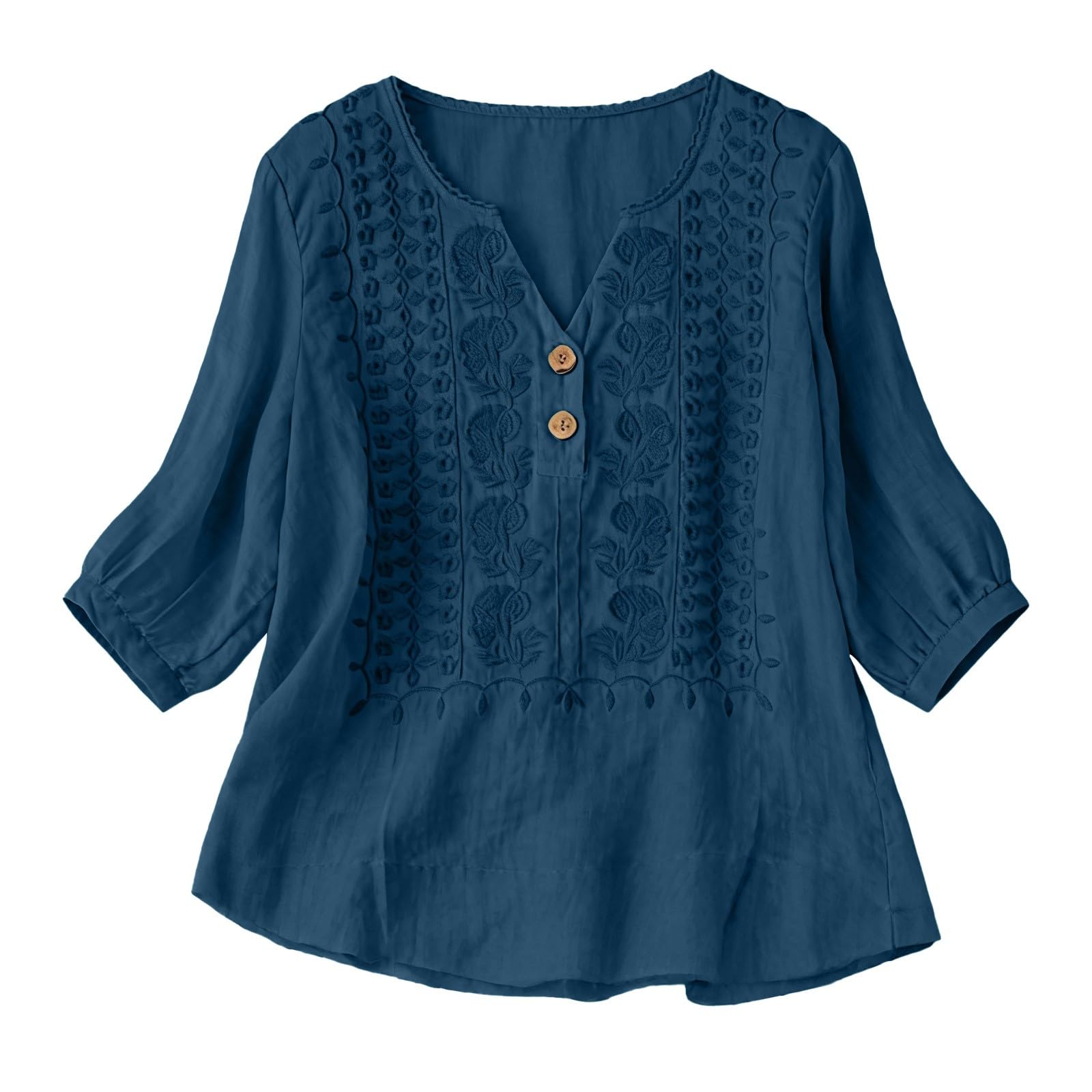Embroidered Linen Shirts for Women 3/4 Sleeve Gauze V Neck Blouses Tops Casual Spring Summer Boho Cotton Clothes