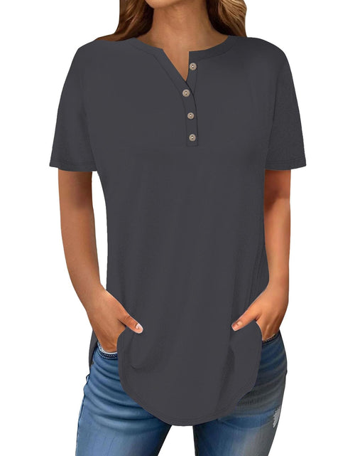 Load image into Gallery viewer, Henley Shirts for Women Buttons Round Neck Boho T-Shirts Short Sleeve Fancy Floral Print Tunic Tops Summer Loose Tees
