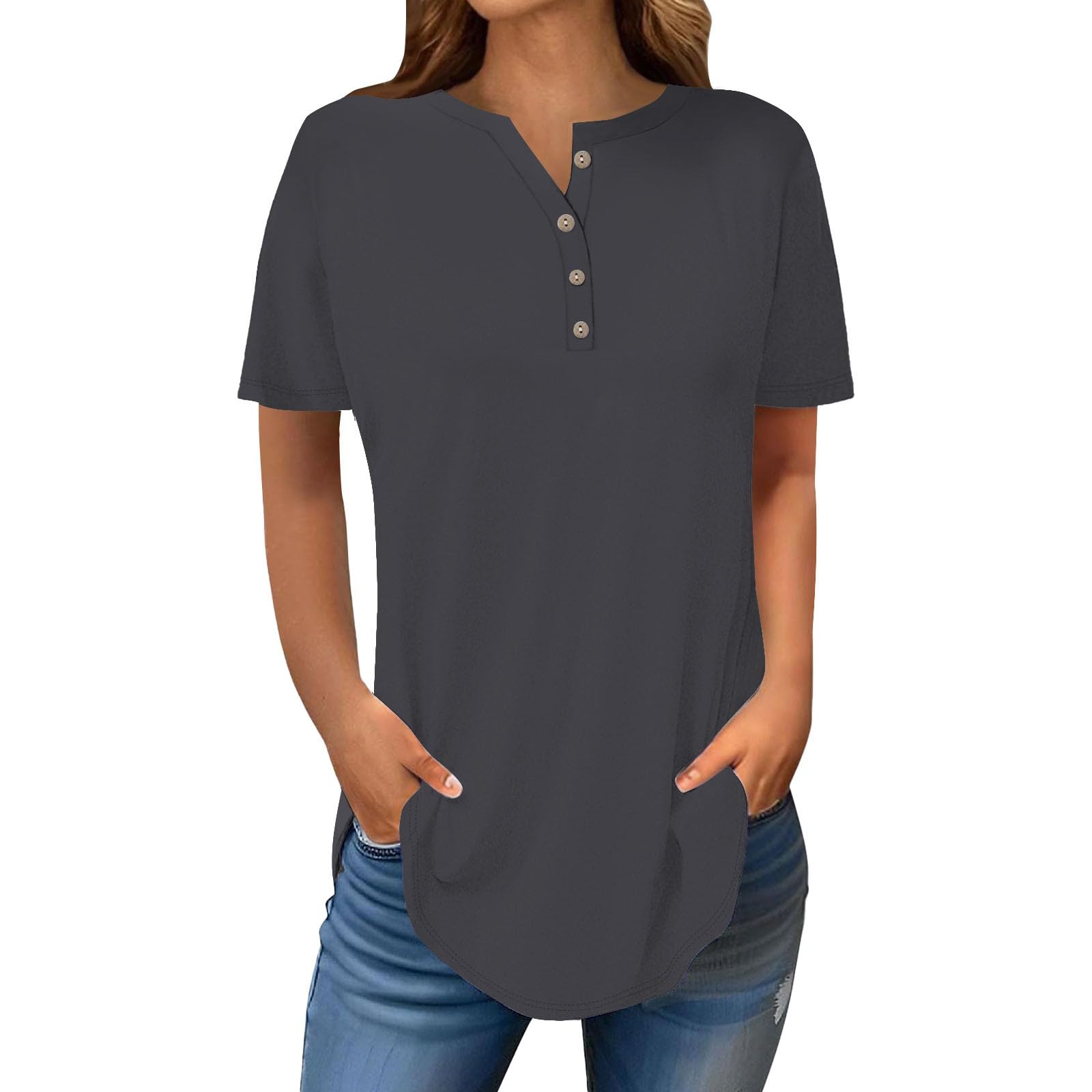 Henley Shirts for Women Buttons Round Neck Boho T-Shirts Short Sleeve Fancy Floral Print Tunic Tops Summer Loose Tees