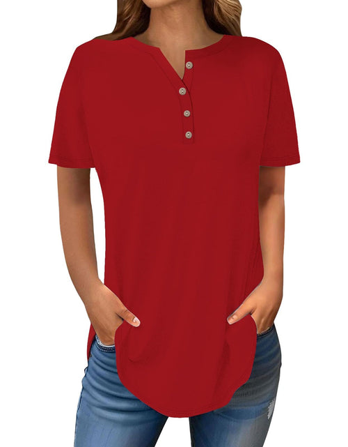 Load image into Gallery viewer, Henley Shirts for Women Buttons Round Neck Boho T-Shirts Short Sleeve Fancy Floral Print Tunic Tops Summer Loose Tees
