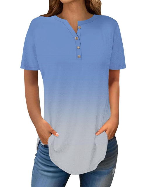 Load image into Gallery viewer, Henley Shirts for Women Buttons Round Neck Boho T-Shirts Short Sleeve Fancy Floral Print Tunic Tops Summer Loose Tees
