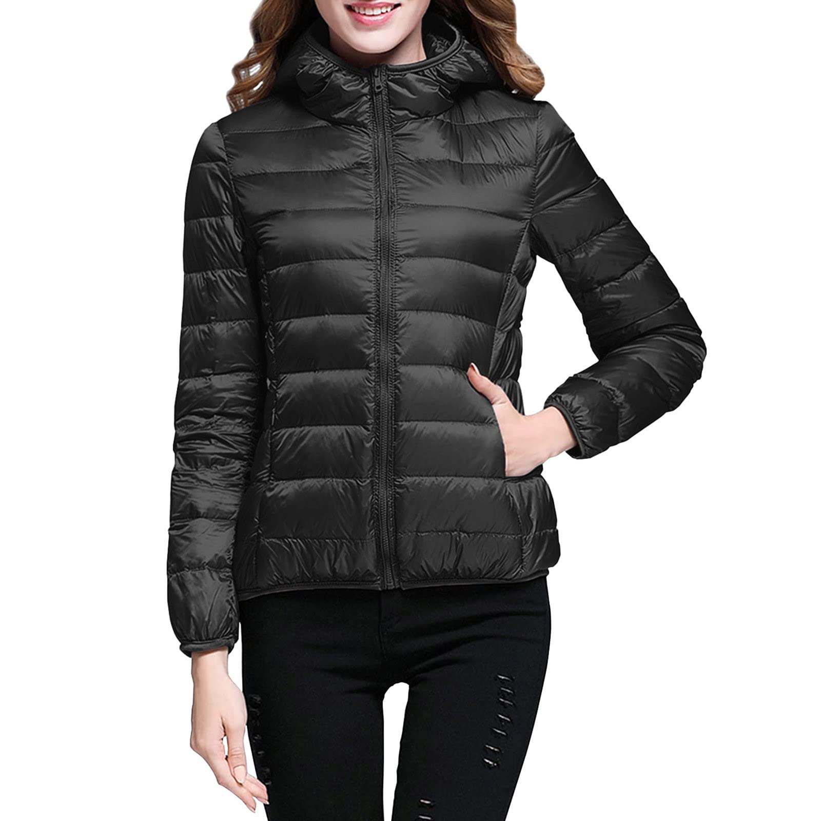 Lightweight Jacket for Women Short Button Down Hooded Jackets Trendy Slim Fit Bubble Coat Winter Warm Puffer Outwear