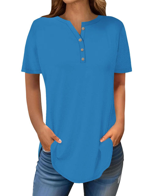 Load image into Gallery viewer, Henley Shirts for Women Buttons Round Neck Boho T-Shirts Short Sleeve Fancy Floral Print Tunic Tops Summer Loose Tees
