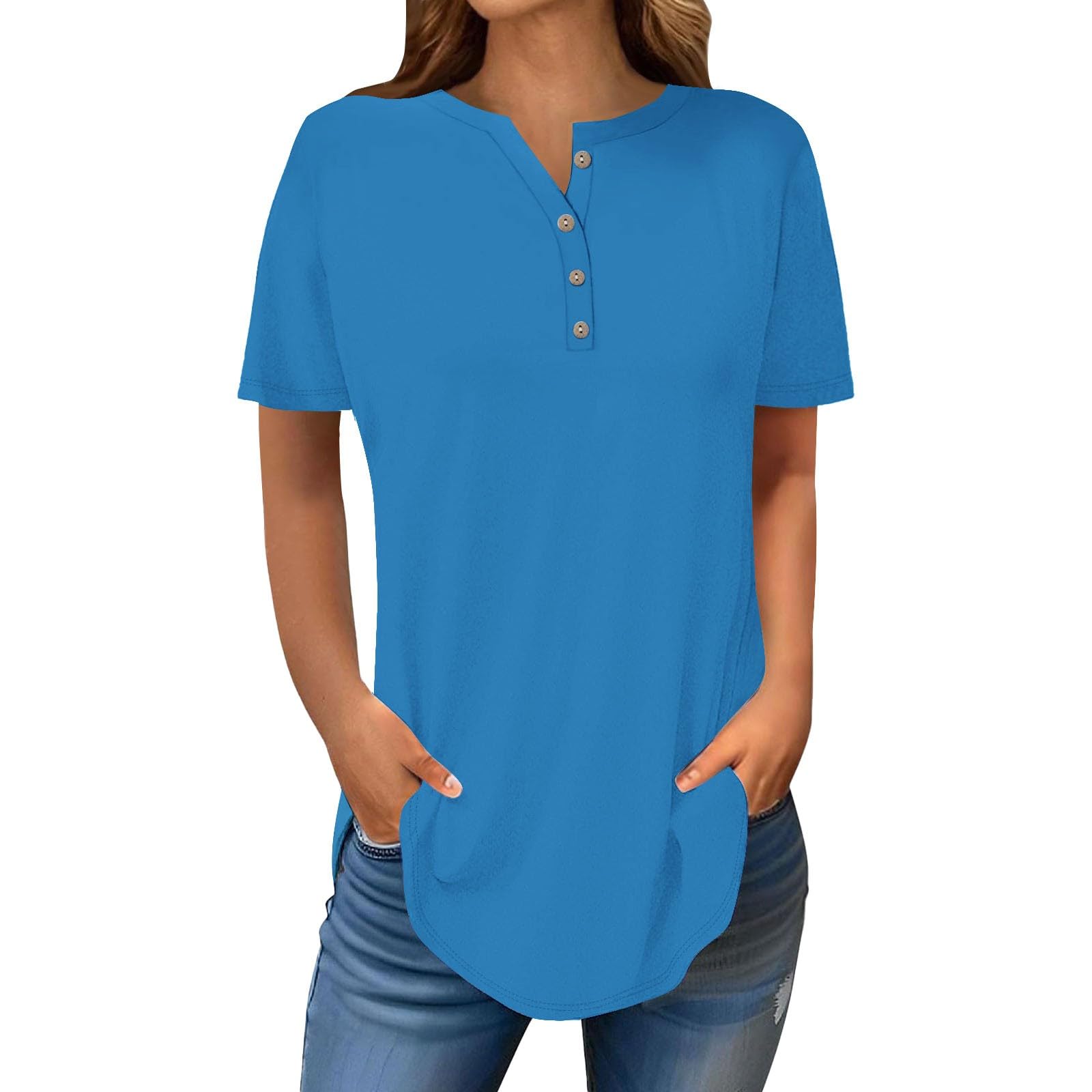 Henley Shirts for Women Buttons Round Neck Boho T-Shirts Short Sleeve Fancy Floral Print Tunic Tops Summer Loose Tees
