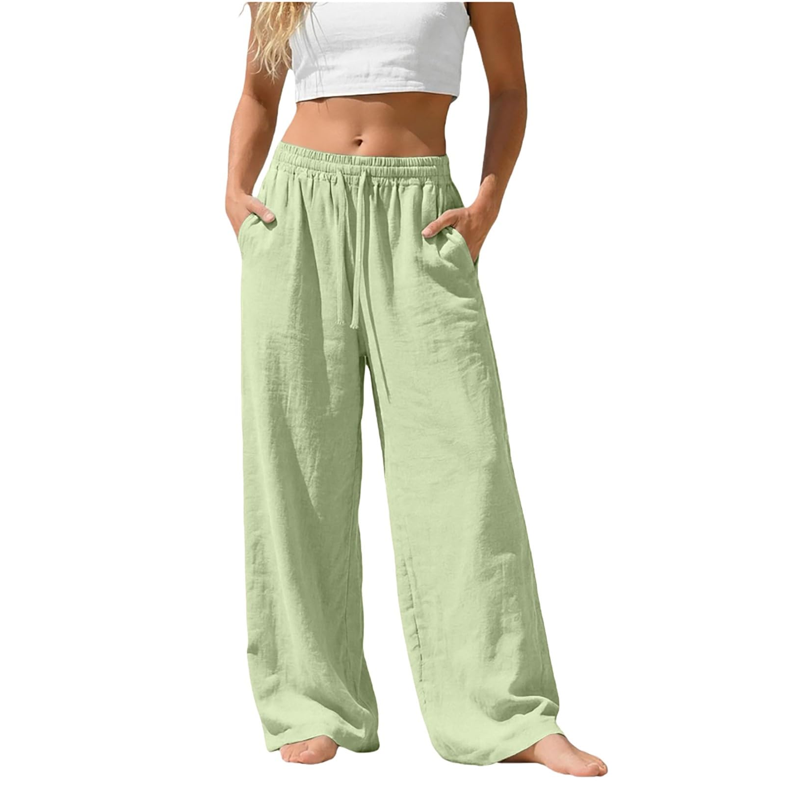 Linen Pants for Women - Wide Leg Elastic High Waist Casual Cotton Linen Pants Drawstring Plus Size Loose Trouser