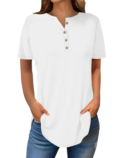 Load image into Gallery viewer, Henley Shirts for Women Buttons Round Neck Boho T-Shirts Short Sleeve Fancy Floral Print Tunic Tops Summer Loose Tees
